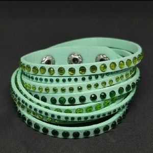 Vegan Wrap Leather Bracelet with Crystals Green